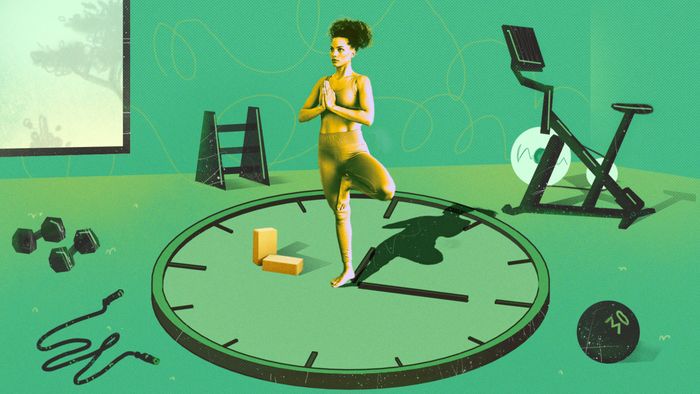 A photo illustration depicting a woman striking a yoga pose at the center of a clock, surrounded by various pieces of workout equipment