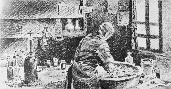 Semmelweis sanitizing his hands prior to a medical procedure