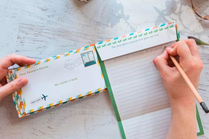 A person writing in Letters to My Grandchild: Write Now. Read Later. Treasure Forever.