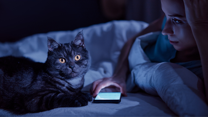 A woman and her cat relaxing in bed; the woman is setting aside her smartphone