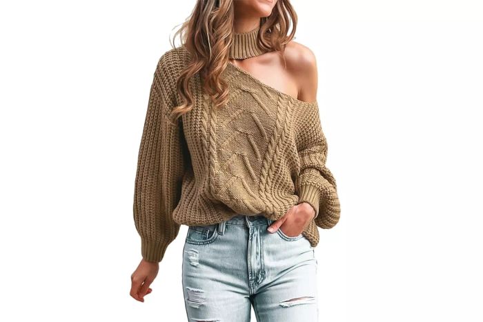 Amazon CUPSHE Women's Cable Knit One-Shoulder Pullover Sweater