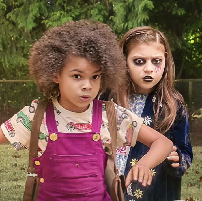 Bean dons purple overalls, while Ivy chooses dark makeup and attire.