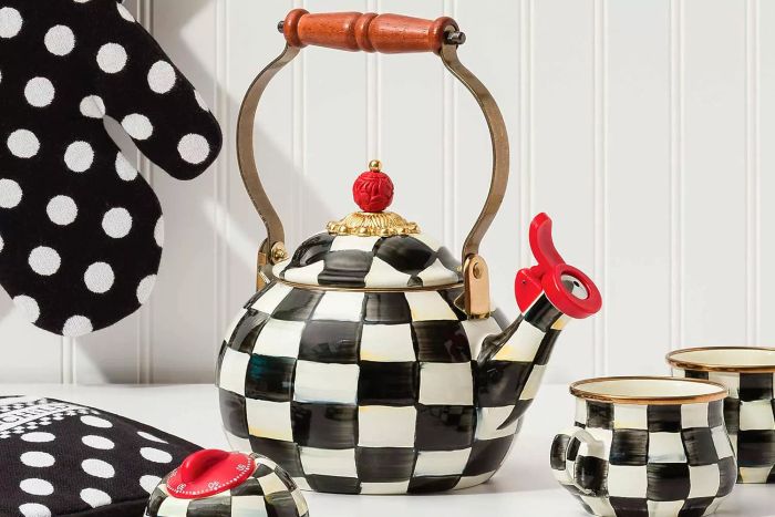 Mackenzie-Childs Whistling Teakettle placed on a kitchen counter.