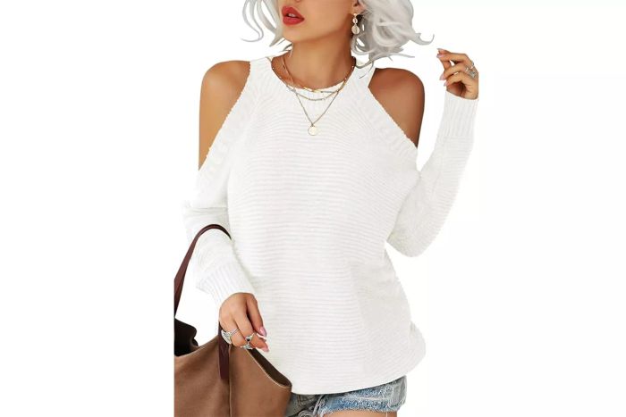 Amazon offers the Dellytop Women's Cold Shoulder Choker Long Sleeve Sweater, a solid-colored, casual knitted pullover jumper