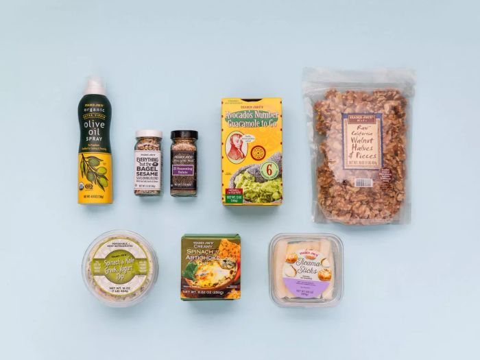 A bird's-eye view of various Trader Joe's food items on a soft blue backdrop