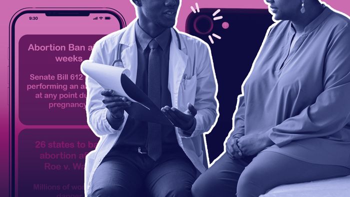 A composite image featuring a doctor consulting with a patient in the foreground, with cell phone images in the background