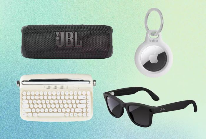A vibrant collage of four recommended tech gifts against a colorful backdrop