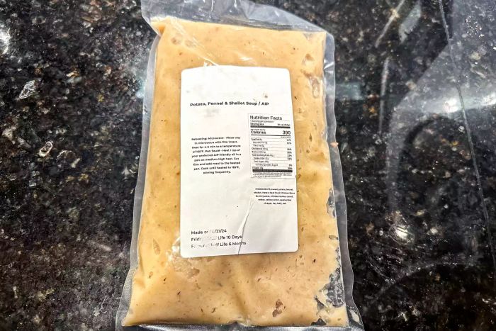 A sealed soup bag included in the Pete's Real Food Meals