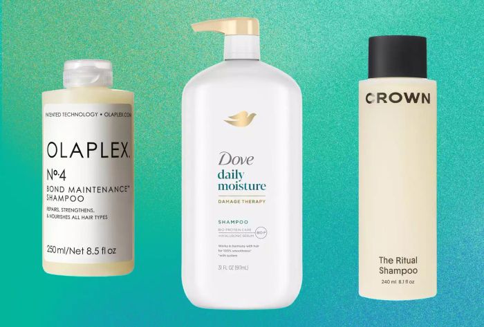 An image showcasing Olaplex No. 4 Bond Maintenance Shampoo, Dove Daily Moisture Shampoo, and Crown Affair The Ritual Shampoo, placed against a vibrant backdrop