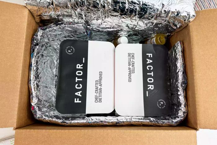 The Factor Meal Kits packed inside an insulated shipping box
