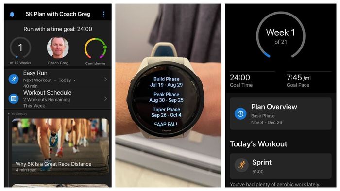 Images showing two different 5K training plans (both aiming for a 24:00 pace) with a Garmin watch displaying the stages of the upcoming plan