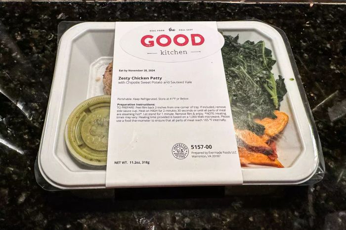The Good Kitchen's zesty chicken patty meal, neatly packaged
