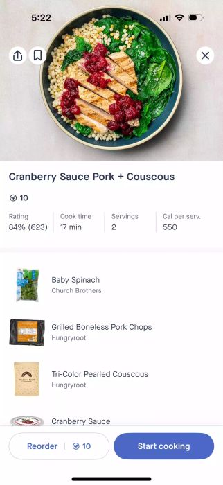 The recipe card for a meal from the HungryRoot Meal Kit