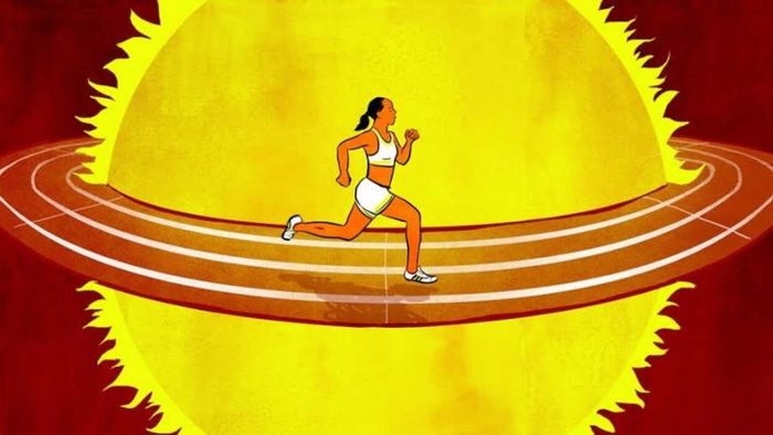 A cartoon depiction of a runner on a track looping around the sun.