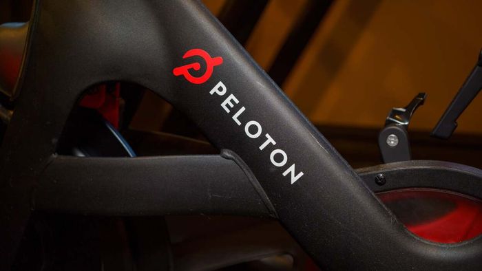 a detailed shot of the Peloton bike's logo
