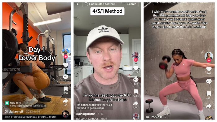 TikTok screenshots showcasing 4-2-1 workout routines
