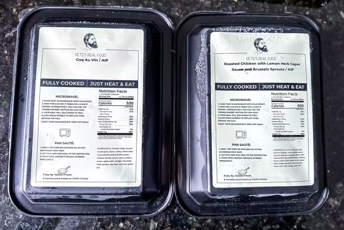The nutritional and preparation details on the back of the Pete's Real Food Meals packaging