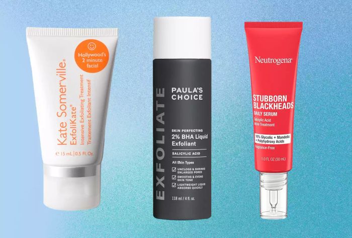 An assortment of Kate Somerville Pore Exfoliating Treatment, Paula's Choice Skin Perfecting 2% BHA Liquid Exfoliant, and Neutrogena Stubborn Blackheads Daily Serum against a colorful backdrop