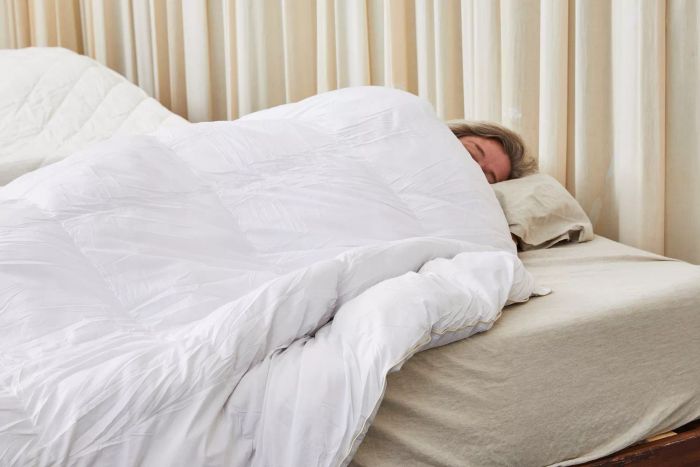 Someone resting on a bed under the Egyptian Bedding Luxurious Queen Size Goose Down Feather Comforter