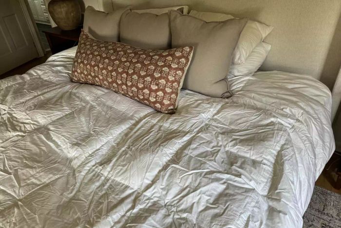 The Quince Ultra Warm Luxe Goose Down Comforter draped over a bed.