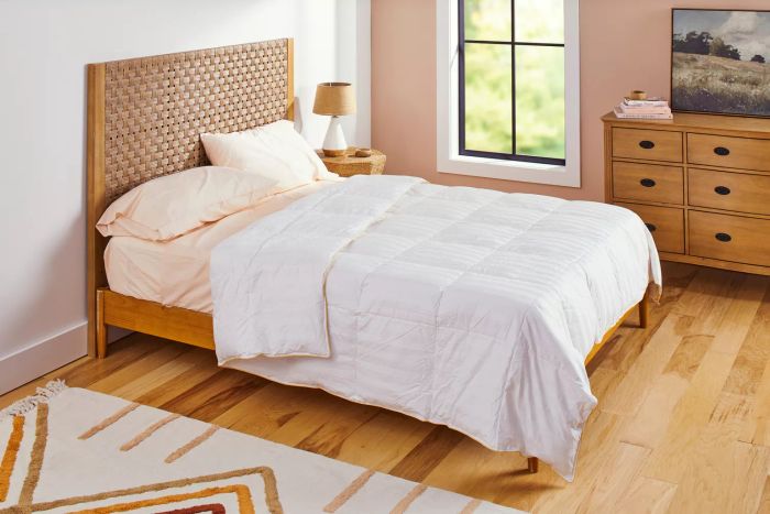 A bed made up with the Alwyn Home All Season Down Comforter.