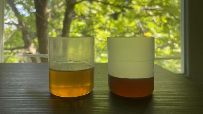 Two cups filled with liquid, the left one (whiskey) noticeably fuller than the right one (syrup).
