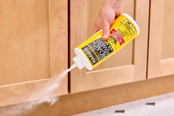A hand sprinkling the Harris Boric Acid Roach Powder With Lure onto a tile floor