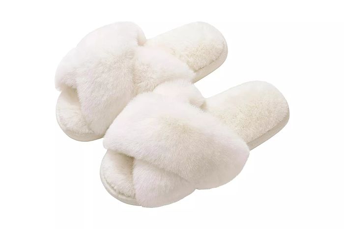 Evshine Women's Fuzzy Slippers with Cross Band and Memory Foam, Open Toe House Slippers