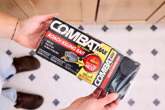 A pair of hands gripping a box of Combat Max Roach Killing Bait