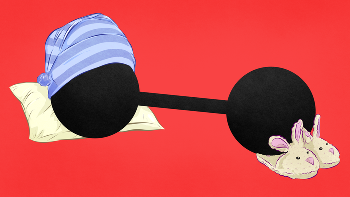 Depiction of a barbell resting in bed with a pillow and cozy slippers