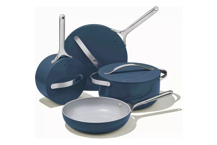 Caraway Nonstick Ceramic Cookware Set (12 Piece) Pots, Pans, Lids and Kitchen Storage - Non Toxic - Oven Safe & Compatible with All Stovetops - Navy