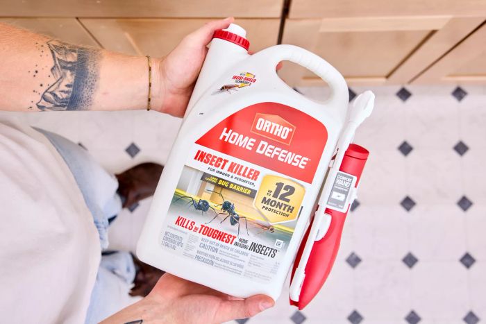 A person holding the Ortho Home Defense Insect Killer container