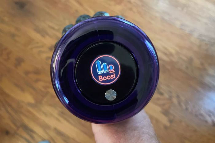A close-up view of the top screen of the Dyson Outsize+ Cordless Vacuum, showing the battery power indicator