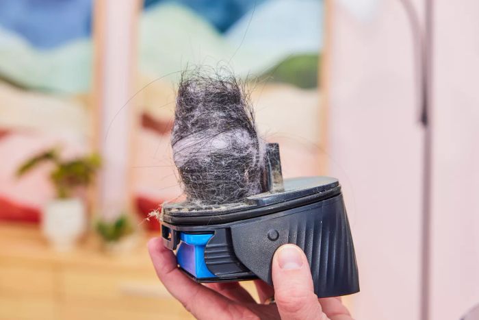 A person holding a part of the Samsung Jet 90 Vacuum tangled with hair