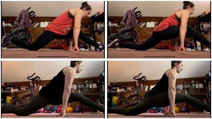 4 pictures of me attempting a not-so-deep front split. In the 'before' photos, my leg is about level with the middle of my forearm. In the 'after' photos, I’m clearly several inches lower.