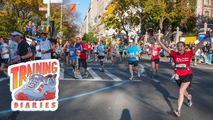 A snapshot of runners crossing the finish line of a race