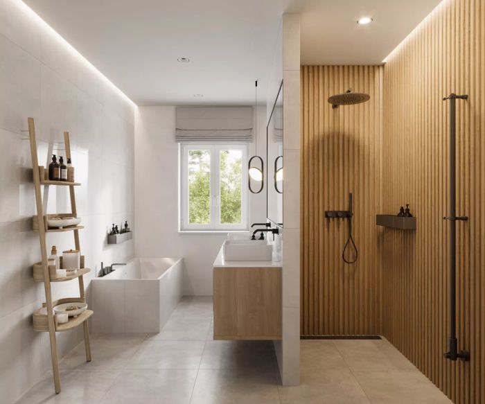 A lavish bathroom interior featuring a shower area and bathtub