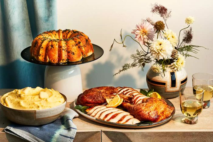 Thanksgiving feast featuring cake and turkey