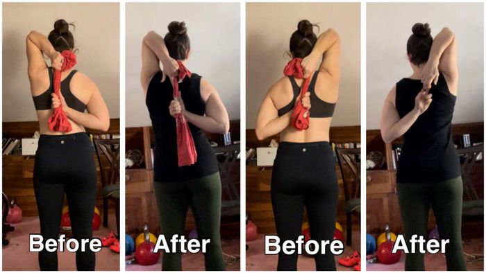 4 photos of me from behind, trying to clasp my hands behind my back. In three of the pictures (both before shots and one after), I'm holding onto a red shirt. In one of the after photos, I’m able to touch my hands together without needing the shirt.