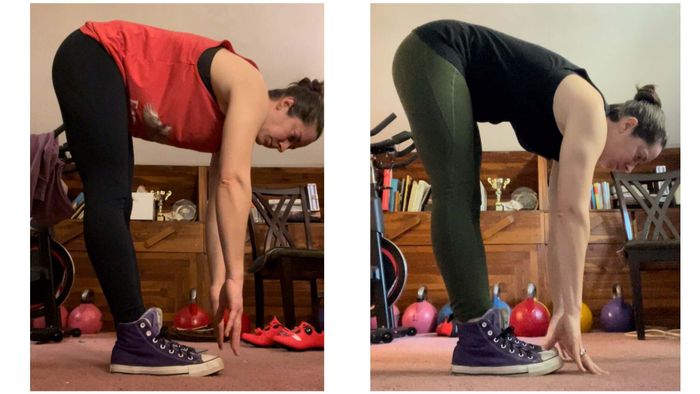 On the left, before: my hands can’t quite reach my toes. On the right, after: my fingers comfortably touch the floor. I’m now about 3 to 4 inches deeper.