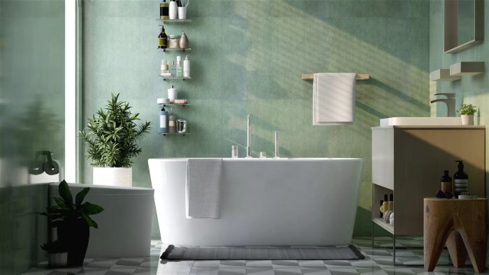 A bathroom painted in soothing green tones