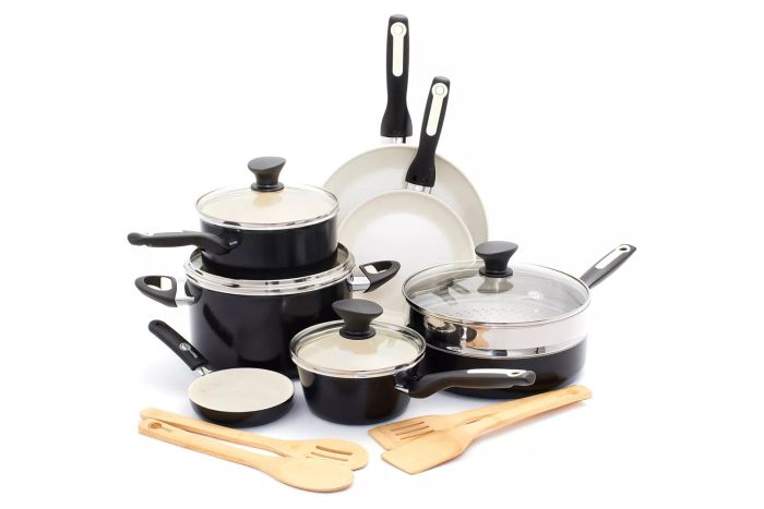 GreenPan Rio Ceramic Nonstick 16-Piece Cookware Set offers a comprehensive collection perfect for preparing multiple meals at once. This set includes all the essentials, such as cooking utensils, to make your kitchen experience seamless.