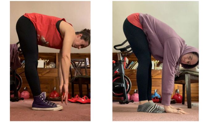 Left: I’m almost able to touch my toes. Right: palms on the floor, with a look of surprise.
