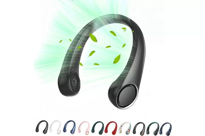 Portable Neck Fan: Hands-free bladeless design for 360° cooling. Wearable, quiet, and perfect for both indoor and outdoor use. A great birthday gift for men, women, and parents. Features include a rechargeable 4000mAh battery, USB charging, and 3 adjustable speeds (black).