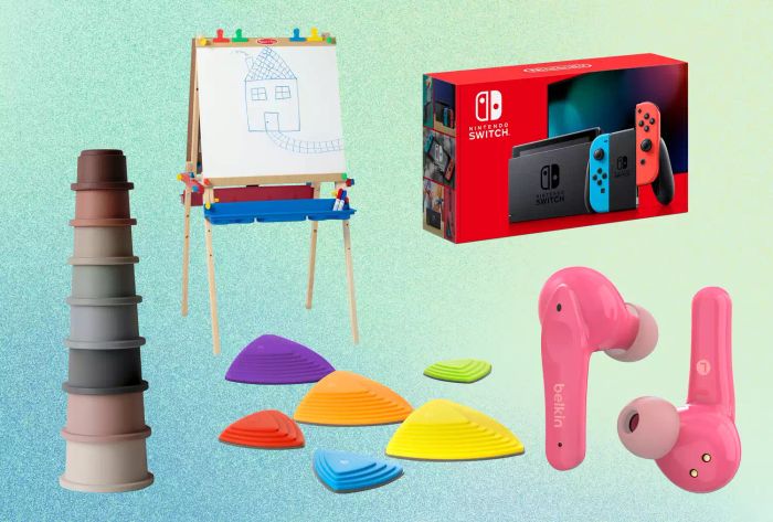 A vibrant collection of recommended kids' gifts set against a colorful backdrop