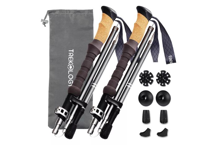 Amazon TREKOLOGY Trekking Poles: These collapsible Nordic hiking poles feature cork handles for a comfortable, sweat-wicking grip. Made from ultralight aluminum, the poles fold down to just 15 inches for easy storage in a backpack. They come with five sets of interchangeable tips for adapting to different terrains, making them ideal for both city walks and country hikes.
