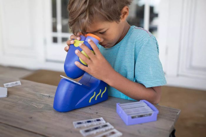 A young child is gazing through the lens of an Educational Insights GeoSafari Jr. Talking Microscope.