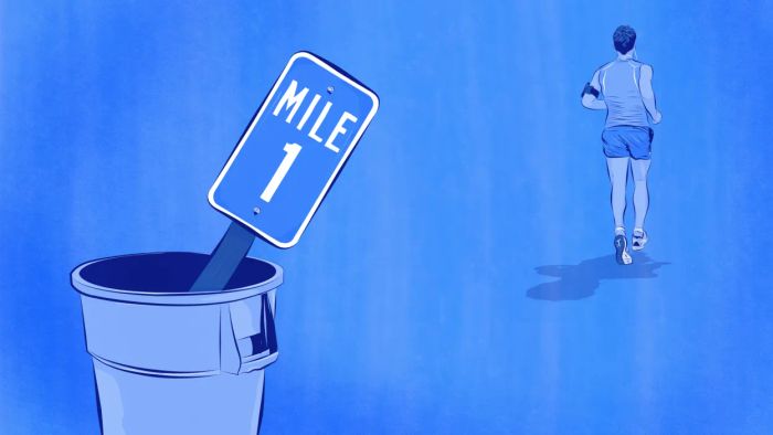 A depiction of a jogger moving past a trash bin, which contains a sign marking one mile.
