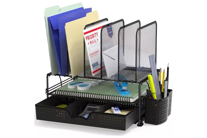 Simple Houseware Mesh Desk Organizer with Sliding Drawer, Double Tray and 5 Upright Sections, Black