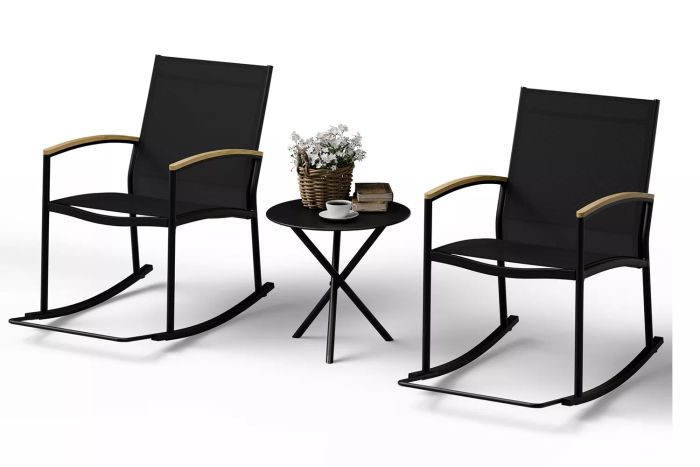 Walsunny 3-Piece Outdoor Patio Furniture Set, Modern Rocking Bistro Set with Textilene Chairs, Black